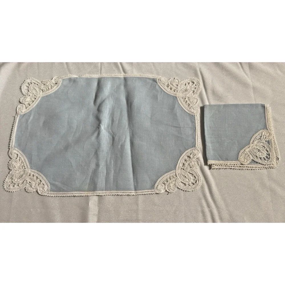 Vintage Blue Linen Placemats 16x11 Napkins 11x11 Set 23pc Lace Trim Estate